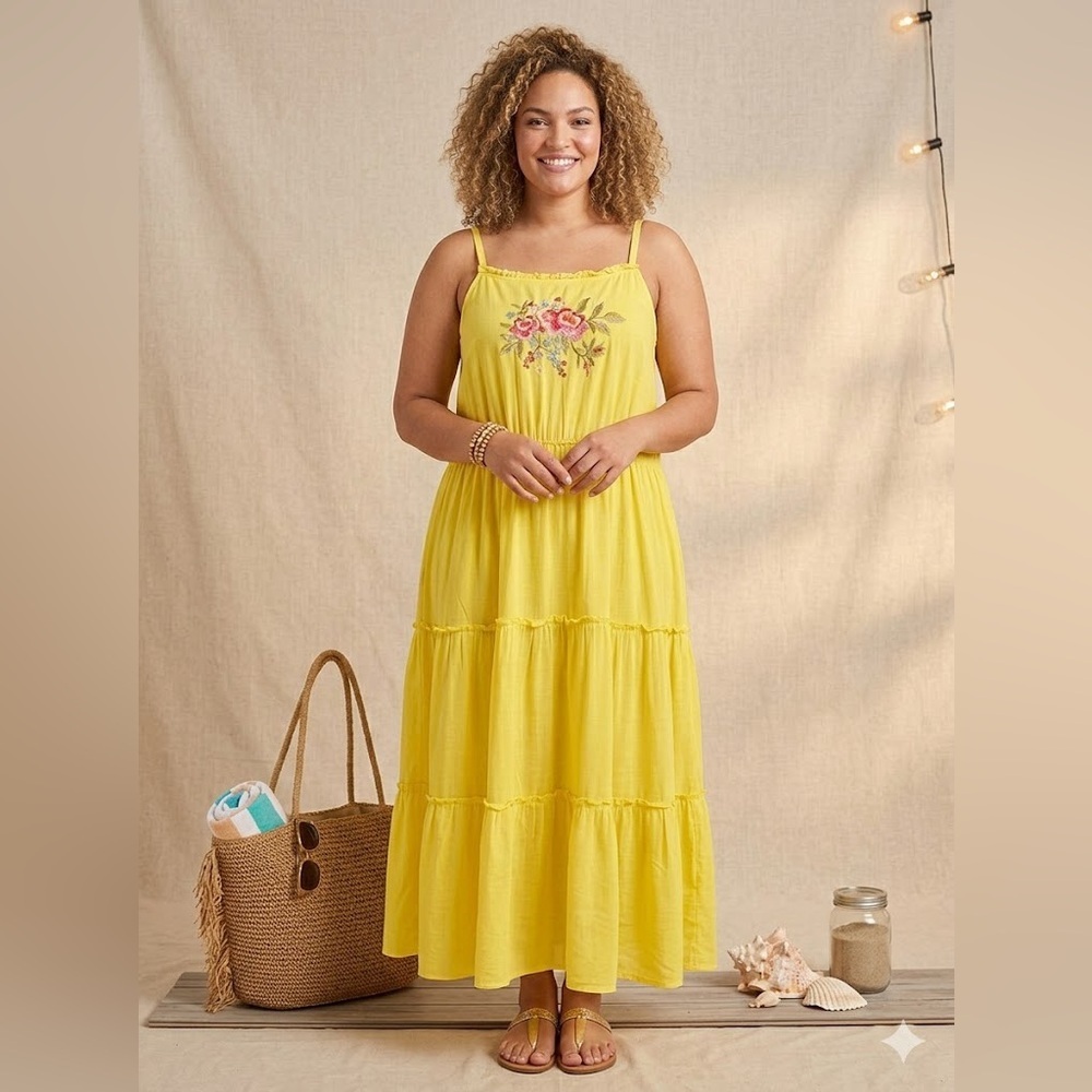 FEATHER Yellow Boho Embroidered Tiered Maxi Dress Plus 2X Coastal Summer Rayon